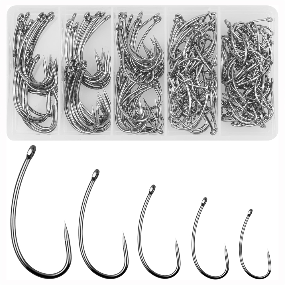 Fishing Hook Circle - バーブレスフィッシングフックキット、湾曲したシャンク、フライタイイングフック、ヘアリグ用サークル、コイ釣り道具、180個