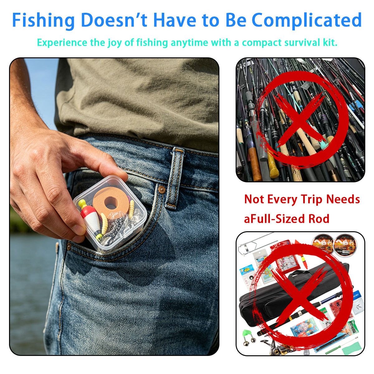 Fishing Hook Box - ポータブル緊急釣り具セット、ポータブル屋外緊急釣りキット（浮き、フック、ルアー、釣り糸、収納ボックス付き）